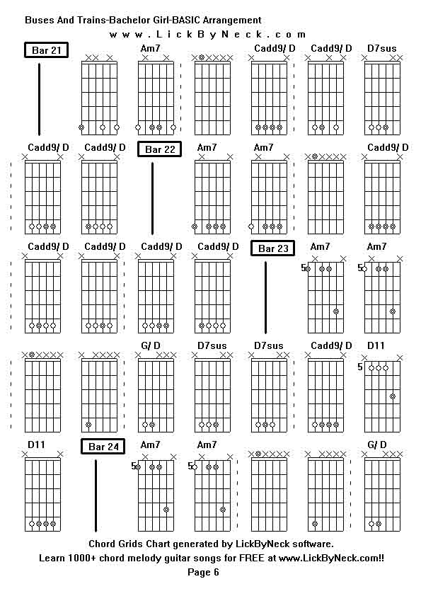 Chord Grids Chart of chord melody fingerstyle guitar song-Buses And Trains-Bachelor Girl-BASIC Arrangement,generated by LickByNeck software.